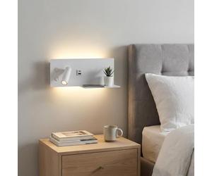 Alpinaluz Applique Murale LED Blanche avec USB-C et USB-A, Lampe de Chevet 7W + Spot Lecture 3W 2700K, Interrupteurs Indépendants, Étagère Métal, Style Moderne Minimaliste Industriel Vintage Chambre