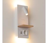 Alpinaluz Applique murale LED blanche, charge USB-C/USB-A et prise Schuko | Spot de lecture orientable, lumière d’ambiance fixe à 2800K, 2 interrupteurs et tablette en bois massif pour chambre/hôtel