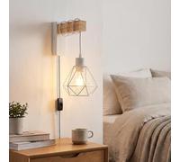 Alpinaluz Applique Murale Moderne avec Câble Tressé Noir et Blanc, Interrupteur Intégré, Prise, Cage Métallique Blanche et Bras en Bois Naturel, Compatible Ampoule E27, Éclairage Intérieur