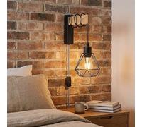 Alpinaluz Applique Murale Noir avec Câble Tressé Blanc et Noir, Prise et Interrupteur Intégrés, Cage Métallique et Bras en Bois Naturel, Hauteur Réglable, Lumière Décorative pour Chambre et Salon