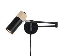 Alpinaluz Applique murale noire avec bois naturel, bras extensible et spot E27 orientable à 360°, câble avec prise et interrupteur, design nordique moderne
