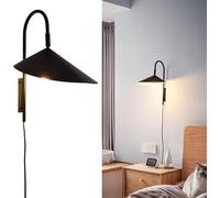 Alpinaluz Applique murale noire avec câble et prise écran incurvé orientable et bras incurvé métallique style nordique minimaliste Wabi Sabi Culot E27 pour chambre ou salon