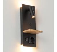 Alpinaluz Applique murale noire avec éclairage orienté de 3 W et éclairage ambiant de 6 W 2 800 K - Port de charge USB A+C, prise Schuko et étagère en bois pour la chambre et le chevet