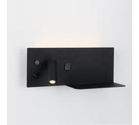 Alpinaluz Applique murale noire avec port USB-C et USB-A, lumière d’ambiance chaude et spot LED orientable, modèle gauche avec tablette intégrée pour chambre ou tête de lit