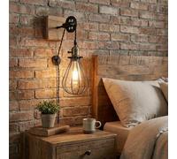 Alpinaluz Applique Murale Vintage FRUSTA avec Abat-jour Métallique Noir et Base en Bois, Système de Poulie Réglable, Douille E27, Câble de 241 cm avec Interrupteur, Éclairage Intérieur pour Chambre