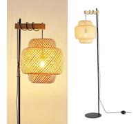 Alpinaluz Lampadaire noir - Abat-jour en osier suspendu fabriqué à la main, détail en bois naturel, hauteur réglable par câble, culot E27, interrupteur sur pied et base fine