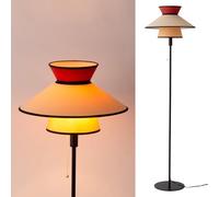 Alpinaluz Lampadaire rétro vintage - Abat-jour textile Ø40 cm avec triple cône multicolore, détails rouges et bois, interrupteur à chaîne, pied métallique fin noir mat, style bohème élégant