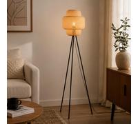 Alpinaluz Lampadaire Trépied E27 Osier Naturel Base Noire | Abat-jour tissé main Ø30 cm et structure métal noire, style bohème rustique pour salon, chambre et lecture