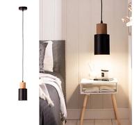 Alpinaluz Plafonnier suspendu - Style nordique minimaliste - Abat-jour cylindrique Ø10 cm en acier laqué noir avec détail en bois naturel - Culot E27 pour cuisine, salle à manger et chambre