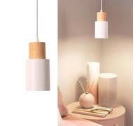 Alpinaluz Plafonnier suspendu - Style nordique minimaliste - Abat-jour cylindrique Ø10cm en acier laqué blanc avec détail en bois naturel - Culot E27 pour cuisine, salle à manger et chambre