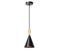 Alpinaluz Suspension E27 Métal Noir Bois Naturel D16 cm Nordique | Abat-jour conique compact avec câble textile réglable de 100 cm pour îlot de cuisine, bar, salle à manger, chambre et chevet