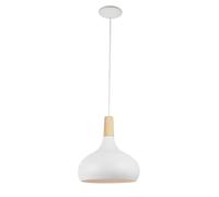 Alpinaluz Suspension en Acier Blanc Mat et Bois Naturel - Forme Cloche Design Nordique, Douille E27 pour Salon, Salle à Manger ou Chambre, Abat-jour Ø26 cm