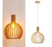 Alpinaluz Suspension Luminaire Semi-Sphérique Ø28 cm - Lattes de Bois Cintré Style Scandinave - Douille E27 - Câble Transparent Réglable - Design Naturel pour Cuisine ou Salon