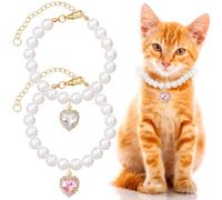 Alpinleux Lot de 2 colliers en perles pour chat avec pendentif en forme de cœur, collier réglable en forme de cœur mignon pour animal domestique, collier de perles pour chien, fête de mariage pour