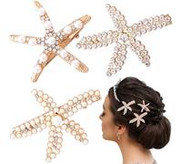 Alpinleux Lot de 3 pinces à cheveux en forme d'étoile de mer, strass et perles de coquillage, accessoires de cheveux pour femme, mariée (3 tailles)