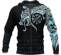 ALPTEC Nordic Dragon Zipper Hoodie sweats à capuche homme Viking Compass Rune Tattoo Hoodie Pull Unisexe Couple 3D Imprimé Sweat T-Shirt Top (Color : Blue Zipper, Size : S)