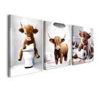 Alptiny Lot de 3 tableaux muraux encadrés pour salle de bain - 30 x 40 cm - Vache des Highland amusantes - Décoration de salle de bain pour invités, WC et salle de bain - Tableaux muraux encadrés avec