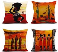 Alricc Lot de 4 housses de coussin carrées en lin, peinture à l'huile, art africain, tribu ethnique, dame, salon, décoration d'intérieur, taies d'oreiller carrées 45,7 x 45,7 cm