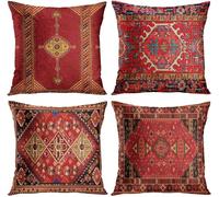 Alricc Lot de 4 housses de coussin décoratives à motif géométrique Kilim marocain - Ikat oriental - 45,7 x 45,7 cm - Motif tribal rouge coloré
