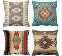 Alricc Lot de 4 housses de coussin décoratives carrées style tribal, occidental, géométrique, coloré, couleur turquoise, orange, 45,7 x 45,7 cm