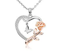 Alsanix Collier avec pendentif papillon rose en forme de cœur en argent sterling 925 plaqué or 14 carats, bijou d'anniversaire pour filles, Plaqué or, Strass
