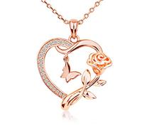 Alsanix Collier cœur pour femme en argent sterling/plaqué or 14 carats/or rose CZ romantique rose et papillon bijoux pour femme cadeau d'anniversaire Saint-Valentin pour filles, plaqué or, strass