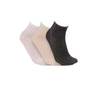 alsestudio Lot de 3 paires de chaussettes non élastiques à paillettes douces et soyeuses semi-transparentes aspect métallique brillant pour femme, Argenté, écru-blanc, Taille unique
