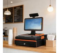 ALSUP Caisse Enregistreuse Tout-en-Un Complète | 15,6" Écran Tactile 4Go+64Go avec Scanner Code-Barres, Tiroir-Caisse & Imprimante Reçus pour Supermarché & Supérette Orange-4+64GB