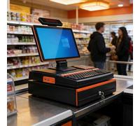 ALSUP Système de Point de Vente POS Haute Performance | Caisse Enregistreuse 15,6" Écran Tactile 8Go RAM + SSD 128Go Processeur Double Cœur pour Entreprises Professionnelles Orange-4+64GB