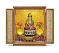 Altar shelf，Household Wood Wall-Mounted Cabinet Personal Shrine Table, Buddha Niche with doors,God Of Wealth Guanyin Statue Display Stand for Pooja and Incense Tribute(Wood,E)