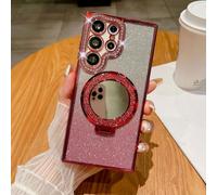 Altartar Coque de protection magnétique pour Samsung Galaxy S26, ultra fine, à paillettes, avec support, miroir et maquillage, rouge foncé