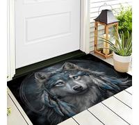 ALTCIRNMD Petit Tapis Gris-Bleu Attrape-Rêves Loup,Antidérapant Et Lavable Douce Imprimé Illustrations Animaux Paillasson pour Intérieur Et Décoration De Chambre À Coucher,Cuisine,90X150Cm