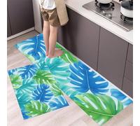 ALTCIRNMD Tapis De Cuisine Antidérapant Lavable 2 Pièces,Bleu-Vert Feuille De Monstera Visuelle Aquarelle Tropicale,Tapis De Sol Décoratif 45 * 75Cm+45 * 150Cmpour Cuisine,Maison Ou Bureau