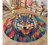 ALTCIRNMD Tapis Rond De Salon 3D Couleur Attrape-Rêves Loup Adolescent Garçon Fille Décoration De La Chambre Antidérapant De Jeu Peinture À l'huile d'animaux pour Wnfants en Douce Maison Décor,100Cm