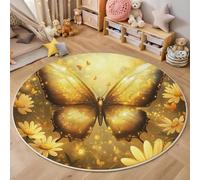 ALTCIRNMD Tapis Rond De Salon 3D Jaune Doré Fleurs Papillons Adolescent Garçon Fille Décoration De La Chambre Antidérapant De Jeu Insectes Naturels pour Wnfants en Douce Maison Décor,180Cm