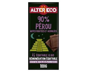 ALTER ECO - Tablette Chocolat Noir 90 % - Notes Fruitées et Acidulées - Bio & Équitable - Origine Pérou - 100 g