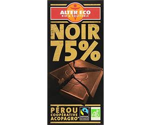Alter Eco Tablette de Chocolat Noir 75% Bio et Equitable 100 g