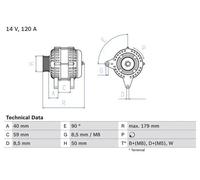 Bosch Alternateur 0 986 038 950 – 120A 14V – poulie d'entraînement multiple – pour VW/SEAT