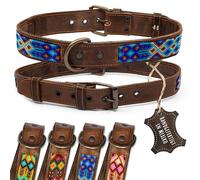 ALTEZAR Collier en cuir pour chien - Double broderie tribal bleu marron - Collier pour chien en cuir de qualité supérieure - Fait à la main au Mexique - Taille XL - Collier pour chien large