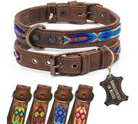 ALTEZAR Collier en cuir pour chien - Double broderie tribal bleu marron - Collier pour chien en cuir de qualité supérieure - Fabriqué à la main au Mexique - Taille S - Collier large pour petit chien