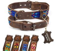 ALTEZAR Collier en Cuir pour Chien Double Broderie Tribal Bleu Marron - Fabriqué à la Main au Mexique - Taille M