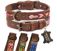 ALTEZAR Collier en cuir pour chien - Double broderie tribal - Rose, blanc, rose, marron - Collier pour chien de qualité supérieure - Fabriqué à la main au Mexique - Taille S - Collier large pour petit