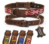 ALTEZAR Collier en cuir pour chien - Double broderie tribale - Rose blanc rose marron - Taille XL - Collier pour chien en cuir de qualité supérieure - Fabriqué à la main au Mexique