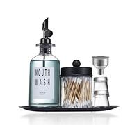 Altfun Glass Mouthwash Dispenser for Bathroom with Cups, Style Mouthwash Container Bottle with Qtip Holder,Glass Bottle 11.8oz Refillable Mouthwash Dispenser with Tray Funnel, Black