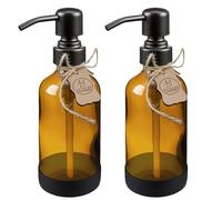 ALTGLAS Distributeur de Savon Liquide 'Sarajevo' en Verre Marron avec sous-Verre en Silicone - 2 Pièces Bouteille de 250 ML avec Pompe en Acier INOX Noir