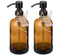 ALTGLAS Distributeur de Savon Liquide 'Sarajevo' en Verre Marron avec sous-Verre en Silicone - 2 Pièces Bouteille de 500 ML avec Pompe en Acier INOX Noir