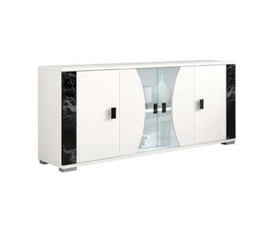 AltoBuy Ariane - Buffet 4 Portes Blanc Eclairage LED intégré avec Décor Latéral Aspect Marbre Noir