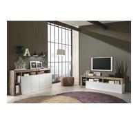 Ensemble Buffet 4P + Meubles TV Blanc Laqué Niches Aspect Bois Antik - ARTURO -