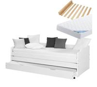 AltoBuy Barbara - Pack Lit Gigogne 3 Couchages 90x200cm Blanc + 2 Matelas Ibiza