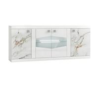 AltoBuy Buffet 4 Portes avec LEDs et Portes centrales vitrées laqué Blanc et Imitation marbre - ETOLIS
